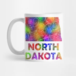 Colorful mandala art map of North Dakota with text in multicolor pattern Mug